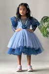 Buy_Merge Design_Blue Net Sequins, Fabric Flowers Puff Sleeves And Rosette Layered Dress _at_Aza_Fashions