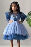 Merge Design_Blue Net Sequins, Fabric Flowers Puff Sleeves And Rosette Layered Dress _Online_at_Aza_Fashions