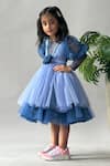 Buy_Merge Design_Blue Net Sequins, Fabric Flowers Puff Sleeves And Rosette Layered Dress _Online_at_Aza_Fashions
