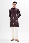 Buy_Kalpana Naik_Wine Linen, Satin Embroidery Bloom Hand Kurta Set _Online_at_Aza_Fashions