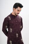 Shop_Kalpana Naik_Wine Linen, Satin Embroidery Bloom Hand Kurta Set _Online_at_Aza_Fashions