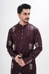 Kalpana Naik_Wine Linen, Satin Embroidery Bloom Hand Kurta Set _at_Aza_Fashions