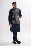 Buy_Kalpana Naik_Navy Bemberg, Silk Embroidery, Mirrors Sheesh Mahal Nehru Jacket And Kurta Set _at_Aza_Fashions