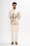 Shop_Kalpana Naik_Cream Linen Embroidery Raas Leela Nehru Jacket And Kurta Set _at_Aza_Fashions