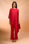 Divyam Mehta_Red Boat Neck Asymmetric Kurta With Pant _Online_at_Aza_Fashions
