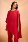 Divyam Mehta_Red Boat Neck Asymmetric Kurta With Pant _at_Aza_Fashions