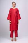Divyam Mehta_Red Organza Cut Work Round Neck Valentine Kurta Set _Online_at_Aza_Fashions