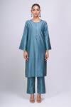 Divyam Mehta_Blue Piping, Embroidery, Applique Round Neck Placket Kurta Set _Online_at_Aza_Fashions