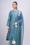 Divyam Mehta_Blue Piping, Embroidery, Applique Round Neck Placket Kurta Set _at_Aza_Fashions