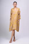 Buy_Divyam Mehta_Yellow Split V-neck Bloom Print Dress _at_Aza_Fashions