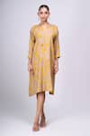 Buy_Divyam Mehta_Yellow Split V-neck Bloom Print Dress _Online_at_Aza_Fashions