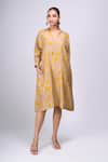 Divyam Mehta_Yellow Split V-neck Bloom Print Dress _at_Aza_Fashions