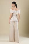 Shop_Mishru_Beige Embroidery Off-shoulder Champagne Top And Flared Pant Set _at_Aza_Fashions