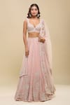 Shop_Mishru_Pink Embroidery Leaf Neck Lehenga Set _Online_at_Aza_Fashions