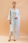 Buy_Neha Mehta Couture_Blue Silk, Organza Embroidery Split V-neck Kurta Pant Set _at_Aza_Fashions