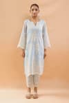 Shop_Neha Mehta Couture_Blue Silk, Organza Embroidery Split V-neck Kurta Pant Set _Online_at_Aza_Fashions