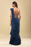 Shop_Mishru_Blue Embroidery Square Neck Corset And Ruffled Pre-draped Saree _at_Aza_Fashions