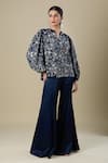 Buy_Mishru_Blue Embroidery V-neck Navy Top And Bell Bottom Pant _at_Aza_Fashions