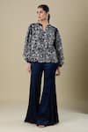 Buy_Mishru_Blue Embroidery V-neck Navy Top And Bell Bottom Pant _Online_at_Aza_Fashions