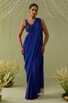 Buy_Meesa_Blue Chinon, Chiffon, Crepe Beads Round Embroidered Pre-draped Saree With Blouse _at_Aza_Fashions