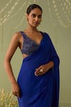 Meesa_Blue Chinon, Chiffon, Crepe Beads Round Embroidered Pre-draped Saree With Blouse _Online_at_Aza_Fashions