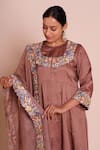 Buy_Brij_Brown Linen, Satin, Silk, Chanderi Embroidery Round Neck Avani Cocoa Kurta Set _Online_at_Aza_Fashions