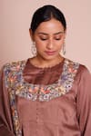 Brij_Brown Linen, Satin, Silk, Chanderi Embroidery Round Neck Avani Cocoa Kurta Set _at_Aza_Fashions