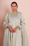 Brij_Blue Linen, Satin, Silk Embroidery, Sequins Round Neck Ira Powder Kurta Set _at_Aza_Fashions
