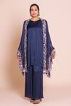 Shop_Brij_Navy Modal, Satin Open , Round Aranya Embroidered Cape Set _Online_at_Aza_Fashions
