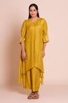 Shop Brij Green Muslin, Silk Embroidery V-neck Kaira Kurta Set Online at Aza Fashions Shop_Brij_Green Muslin, Silk Embroidery V-neck Kaira Kurta Set _Online_at_Aza_Fashions