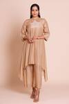 Brij_Beige Muslin, Silk Embroidery Round Neck Heer Kurta Set _at_Aza_Fashions