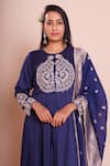 Brij_Navy Linen, Satin, Silk Embroidery, Zari Round Araadhya Indigo Blue Anarkali Set _Online_at_Aza_Fashions