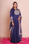 Brij_Navy Linen, Satin, Silk Embroidery, Zari Round Araadhya Indigo Blue Anarkali Set _at_Aza_Fashions