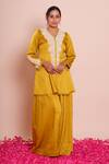 Buy_Brij_Mustard Linen, Satin Beads, Embroidery V-neck Ishya Peplum Kurta Set _at_Aza_Fashions