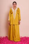 Shop_Brij_Mustard Linen, Satin Beads, Embroidery V-neck Ishya Peplum Kurta Set _Online_at_Aza_Fashions