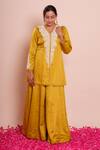 Brij_Mustard Linen, Satin Beads, Embroidery V-neck Ishya Peplum Kurta Set _at_Aza_Fashions
