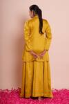 Shop_Brij_Mustard Linen, Satin Beads, Embroidery V-neck Ishya Peplum Kurta Set _at_Aza_Fashions