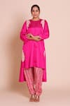 Brij_Fuchsia Linen, Satin, Silk Embroidery Round Neck Reha Rani Pink Kurta Set _at_Aza_Fashions