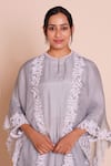 Brij_Gray Muslin, Silk Open , Round Meera Grey Embroidered Cape Set _at_Aza_Fashions
