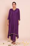 Brij_Purple Muslin, Silk Embroidery, Zari V-neck Nysa Kurta Set _Online_at_Aza_Fashions