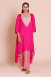 Brij_Fuchsia Modal, Satin, Silk Embroidery, Zari V-neck Alaya Pink Kurta Set _Online_at_Aza_Fashions