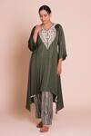 Brij_Green Modal, Satin, Silk Embroidery V-neck Kavya Bottle Kurta Set _at_Aza_Fashions