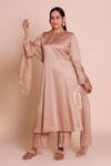 Brij_Beige Linen, Satin, Silk Embroidery Round Neck Ruhani Kurta Set _Online_at_Aza_Fashions