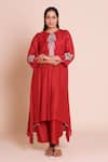 Buy_Brij_Red Muslin, Silk Embroidery Round Neck Zeba Kurta Set _Online_at_Aza_Fashions