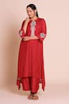 Shop_Brij_Red Muslin, Silk Embroidery Round Neck Zeba Kurta Set _Online_at_Aza_Fashions