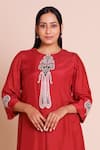 Buy_Brij_Red Muslin, Silk Embroidery Round Neck Zeba Kurta Set 
