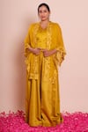 Buy_Brij_Mustard Linen, Satin Open Neck, Avisha Yellow Embroidered Cape Set _at_Aza_Fashions