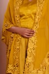 Shop_Brij_Mustard Linen, Satin Open Neck, Avisha Yellow Embroidered Cape Set _Online_at_Aza_Fashions