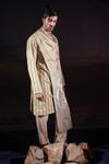 Jubinav Chadha_Beige Linen, Cotton Embroidery, Sequins Cowl Paneled Kurta And Pant Set _Online_at_Aza_Fashions