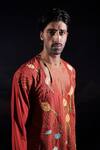 Jubinav Chadha_Orange Cotton, Silk, Tissue Embroidery, Zari Turtle And Lotus Kurta Set _at_Aza_Fashions